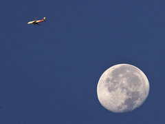달이 떠 있는 저녁하늘에 비행기 한대가 지나가고 있는 모습