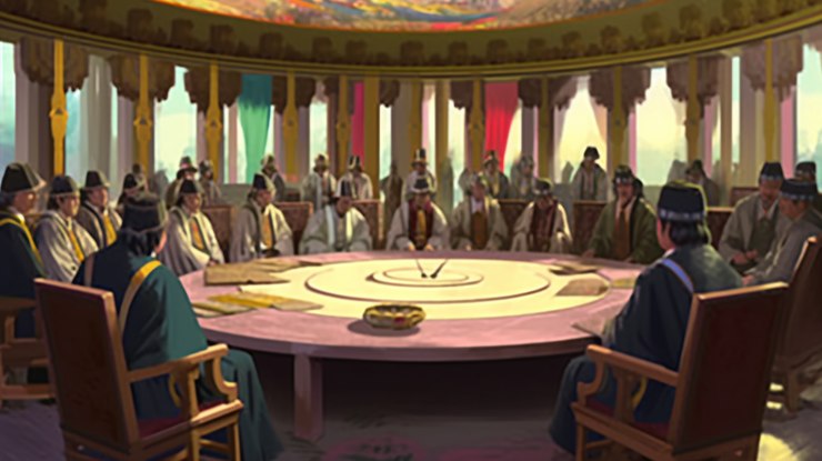 신라사신단들이 원형 테이블에 여럿이 둘러 앉아있는 모습 일러스트