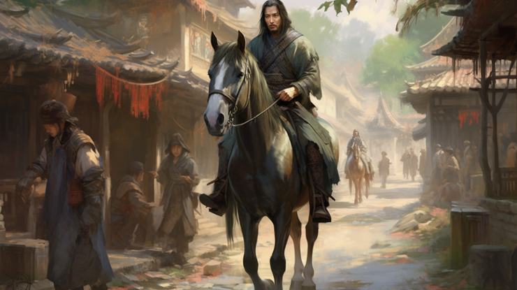 허름한 서민 시장으로 보이는 길목에 말을 탄 장보고의 측면 모습과 뒤를 따라오는 말을 탄 일행으로 보이는 모습의 삽화