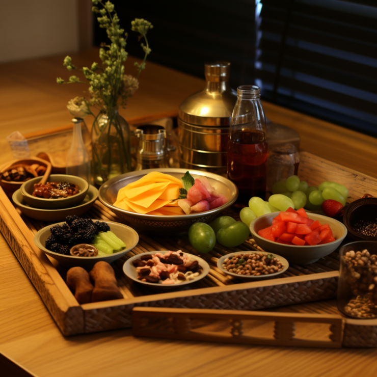 떡, 음식, 과일, 술이 놓인 교자상의 모습.png