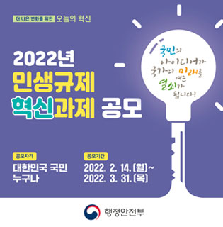 더 나은 변화를 위한 오늘의 혁신 2022년 민생규제 혁신과제 공모 공모자격:대한민국 누구나 공모기간:2022.2.14.(월)~2022.3.31.(목) 행정안전부 국민의 아이디어가 국가의 미래를 여는 열쇠가 됩니다!